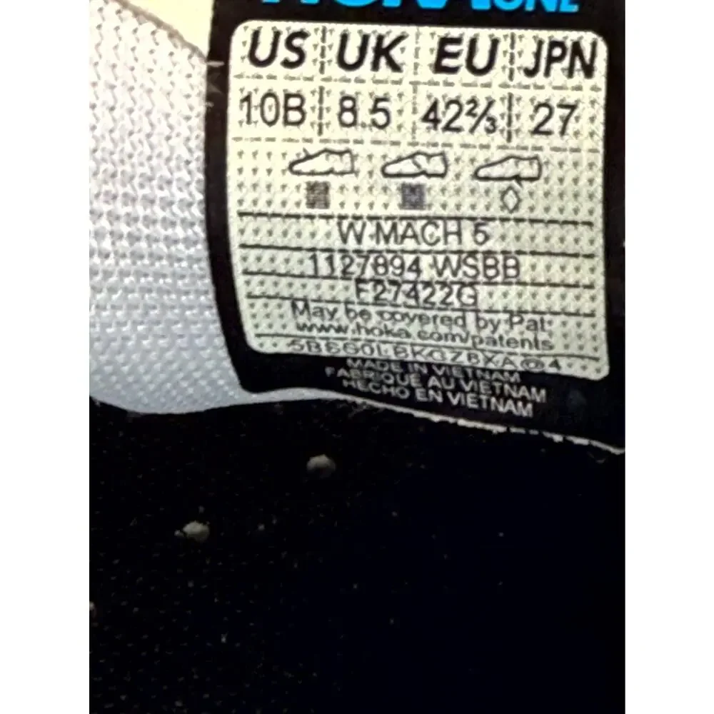 Hoka One One Mach 5 1127894 WSBB Athletic Sneaker Women's 10B Gray Jacquard Gym